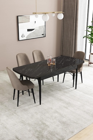 Familieconcept Almira Serisi, Siyah Mermer Desen 80x132 Açılabilir Mdf Mutfak Masası Takımı 4 Adet Sandalye Cappucino