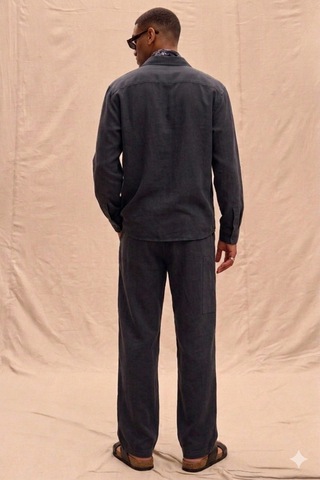 Tarz Cool Erkek Haki Tencel Kumaş Oversize Gömlek Pantolon Takım Rahat Kesim Yazlık Kombin Siyah