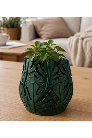 Monstera Yaprak Tasarımlı Vazo Haki