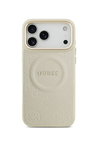 Apple Uyumlu iPhone 17 Pro Max Kılıf Guess Lisanslı M-safeli Sıcak Baskı Yazı Logo Pu Deri Peony Kapak Bej Bej