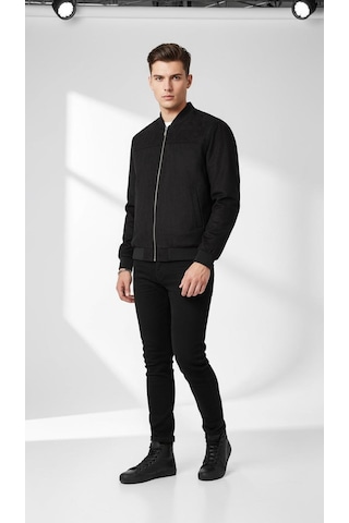 Plus Scorpion Erkek Süet Mont Ceket Fermuarlı, Bomber Kesim, Slim Fit Siyah