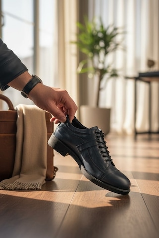 Enoch Hakiki Deri Lacivert Detaylı Erkek Sneaker Ayakkabı Ortopedik Taban Lacivert