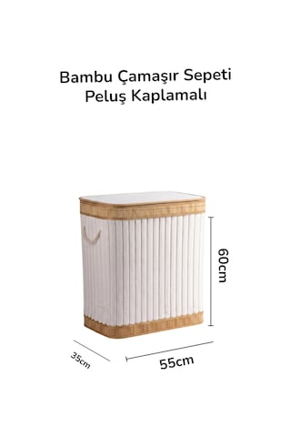 Katlanır Bambu Kirli Çamaşır Sepeti Peluş Kaplamalı Büyük Boy Beyaz