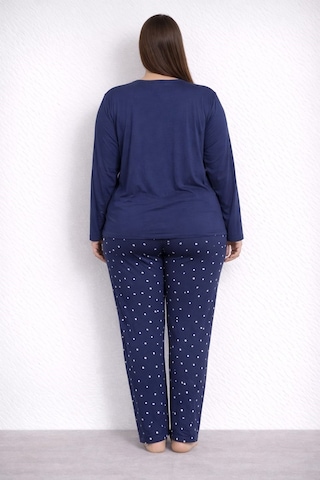 Pemilo Kadın 7258 Büyük Beden Likralı Uzun Kol Milan Pijama Takımı Lacivert