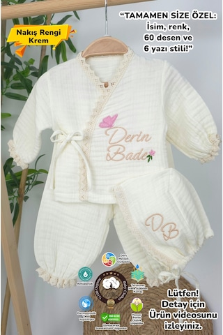 Gros Shop Müslin Yeni Doğan 4katlı Organik %100pamuk Kişiye Özgü Nakışlı Hastane Çıkış Seti Tavşan Model-3 Ekru-6