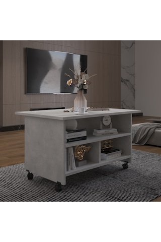 Asra Trend Orta Sehpa OS001 %100 MDF Tekerlekli İki Katlı Geniş Raf Takımı Retro Taş