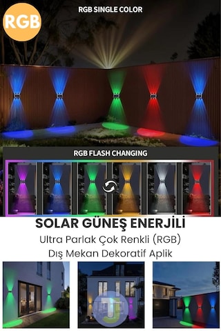 Technojet Solar Güneş Enerjili 6 Ledli Bahçe Aydınlatması Aplik Parlak Rgb Işık Led Lamba 2 Adet Siyah