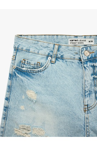 Koton Yıpratma Detaylı Pamuklu Rahat Kalıp Mini Denim Şort Açık İndigo 6sal40031md