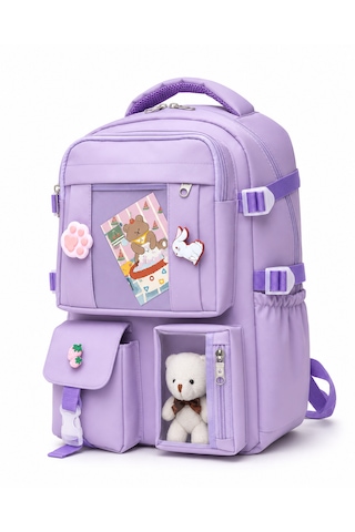 Quovo Kawaii Bag Club Kore Tarzı Full Aksesuarlı Ortopedik Günlük Yeni Okul Sırt Çantası Lila