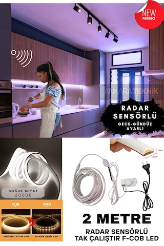 Ankara Teknik Sensörlü Beyaz Renk F- Cob Neon Led / Yüksek Lümen/ Dolap Alcıpan Tavan Led 2 Metre