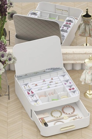 Decorev Aynalı Çok Bölmeli Çekmeceli Makyaj Takı Organizer Krem