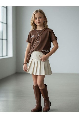 Zekids Kız Çocuk Yazı Baskılı Basic T-shirt-16924 Kahverengi