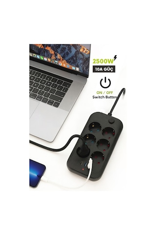 Exenar - Siyah - Yüksek Akım Korumalı 6 Lı Grup Priz Kablolu 2m Priz 2 Usb-a 1 Type-c Girişli Fiş 2 Metre Kablolu 2 M