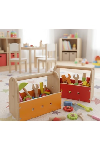 Çocuklar İçin Ahşap Tamir Atölyesi Kutusu - Montessori Eğitici Oyuncak - Doğal Ahşap