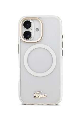Apple Uyumlu iPhone 17 Kılıf Lacoste Lisanslı M-safe Şarj Özellikli Gold Timsah Logolu Buzlu Kapak Beyaz Beyaz
