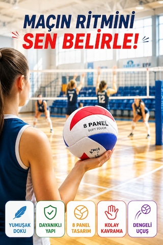 Voleybol Topu 5 No Kırmızı Mavi Soft Touch 8 Panel Dikişli Antrenman Okul Ve Oyun Topu