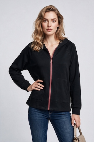 On Kadın Kapüşonlu Tam Fermuarlı Reglan Kol Cepli Sweatshirt Siyah