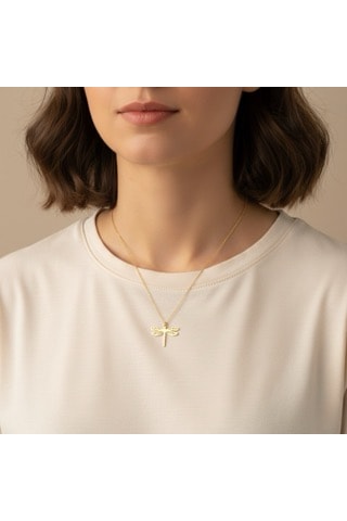 İsimli Dragonfly Yusufçuk Kolye Minimalist Altın Kaplama Tasarım, 925 Ayar Gümüş Gümüş