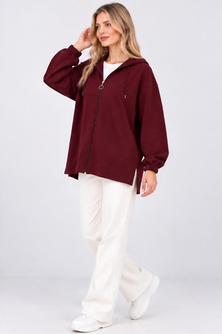 Fiolin Kristal 2 İplik Salaş Fermuarlı Sweatshirt Bordo