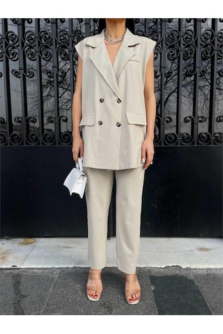 Sensuelle Çizgili Uzun Yelek - Pantolon Takım Polviscon - Bej Bej