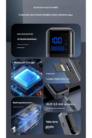 2 İn 1 Bluetooth Adaptör Alıcı Verici Bluetooth 5.4 Receiver Tf Kart Girişli Aux Wireless Araç Kiti