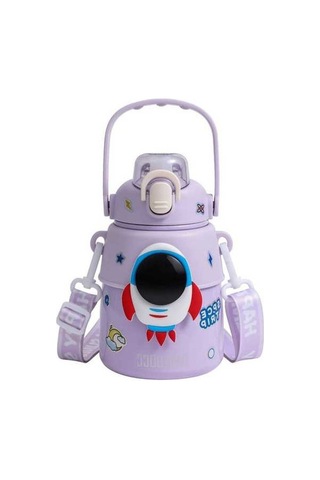 Maoyaya 850ml Astronot Karikatür Paslanmaz Çelik Taşınabilir Kayışlı Çocuk Su Şişesi Izoleli Sumor Mor Mor
