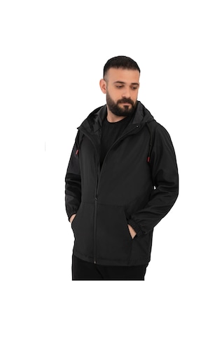 Freemen Erkek Siyah Içi Astarlı Kanguru Cepli Su Ve Rüzgar Geçirmez Kapüşonlu Cepli Yağmurluk Siyah