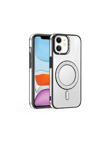 Apple Uyumlu iPhone 11 Kılıf Pırlanta Taş Tasarımlı M-safe Şarj Özellikli Karetta Silikon Kılıf Siyah