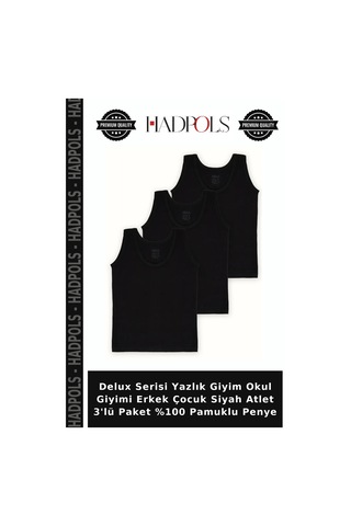 Hadpols Delux Serisi Yazlık Giyim Okul Giyimi Erkek Çocuk Siyah Atlet 3'lü Paket %100 Pamuklu Penye