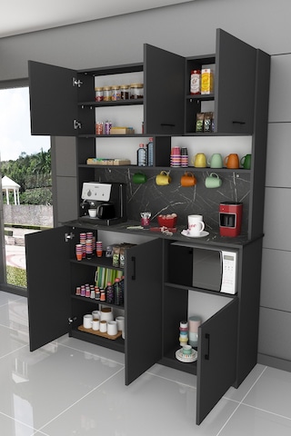 Asra Trend Kahve Köşesi KAHVE03 %100 MDF Çok Amaçlı Mutfak Dolabı Antrasit - Royal Mermer