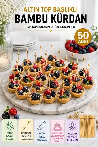 50 Li Altın Top Başlıklı 12 Cm Bambu Kürdan Seti Kokteyl, Tatlı Ve Davet Sunumları İçin Şık Seçim