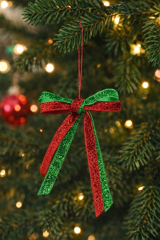 Paşateks Çift Renk 1 Cm Yeşil/kırmızı Simli Fiyonk Askılı Noel Ağaç Süsü