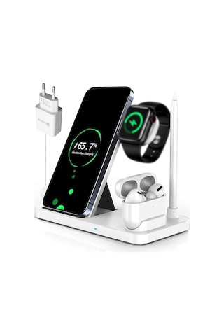 Yunboo Beyaz Euro Standartlı Qı Onaylı 4-in-1 Kablosuz Şarj Aleti: İphone Uyumlu, Saat, Kulaklık Ve Kalem İçin