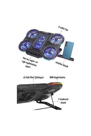 Rampage Prote R6 Rgb Işıklı 6 Fanlı Telefon Standlı Notebook Soğutucu