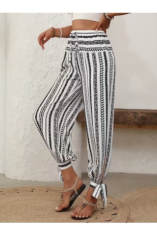 Efnaz Style Kadın Yüksek Bel Desenli Paçadan Bağlamalı Yanları Yırtmaçlı Süprem Pantolon