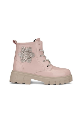 Günlük Çocuk Bot Rugan Çiçekli Taşlı Bağcıklı Fermuarlı Rugan Kalın Tıtrıklı Taban Bootie 600 Pudra - Rugan Pudra