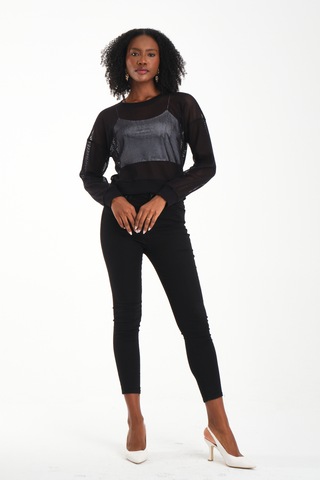 Bisiklet Yaka Petek File Bluz Siyah