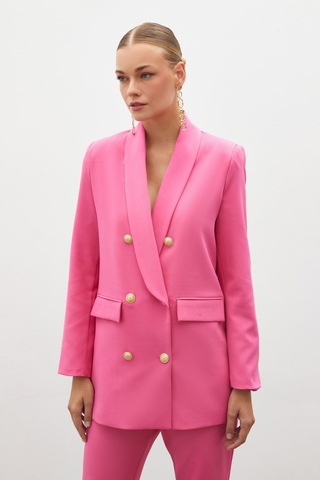 Sateen Düğme Detaylı Kruvaze Ceket - Pembe