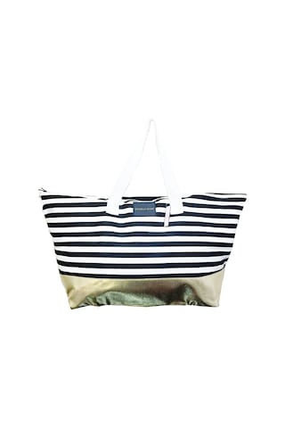 Victoria's Secret Vs Siyah Beyaz Çizgili Gold Taban Askılı Duffle Carryall Tote Siyah