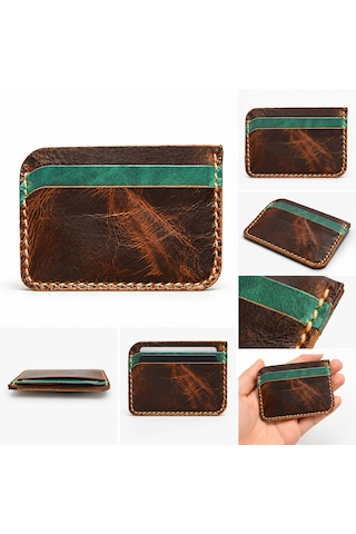 Oakco Leather Hakiki Deri Handmade Kahverengi-yeşil Kartlık Açık Kahverengi - Taba