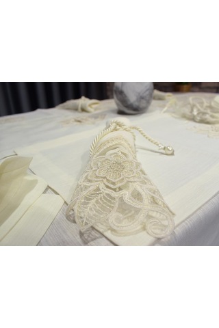 Fransız Dantelli El İşi Menekşe 34 Parça Amerikan Servis Seti Krem Krem