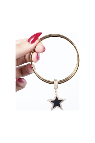 Nur Silver Siyah Mineli Yıldız Charmlı 3\'lü Ajda Çelik Bilezik Nur-ac000024 Silver