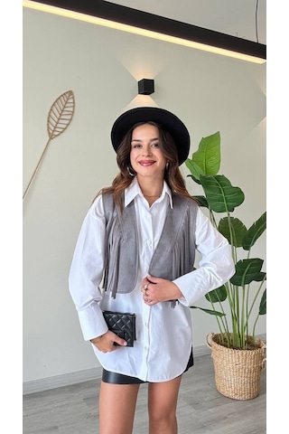 Modadua Püskül Detaylı Modern Yelek Güçlü Ve Özgür Stil-gri Çok Renkli