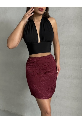 Kadın Desenli Saten Etek Bordo