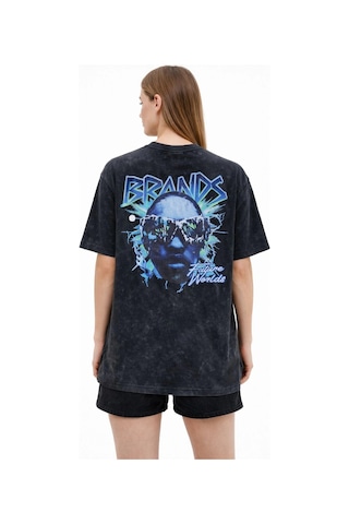 Primemagazam Kadın Asit Yıkamalı Oversize Tişört Bisiklet Yaka Kısa Kol T-shirt - Siyah Çeşitli