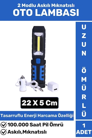 Premium 2 Modlu Mıknatıslı Askılı Smd Güçlü Led+1 Parlak Led Ampul Şarjlı Oto Lambası