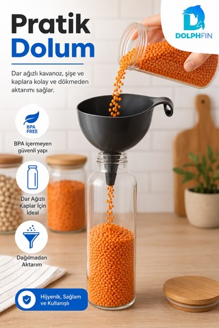 Plastik Mutfak Hunisi Geniş Ağızlı Saplı Sıvı Kuru Gıda Aktarma Hunisi Siyah Bpa İçermez