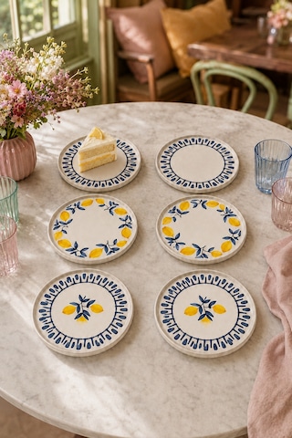Mavi Limon 6 Lı Seramik Pasta Ve Servis Tabağı Seti Stackable 20 Cm Limon Desenli Akdeniz Sofra Takımı Beyaz