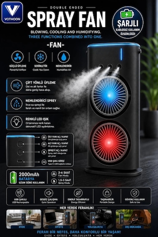 Vothoon Çift Başlıklı Sprey Fan Nemlendirici Ve Renkli Led Işıklı