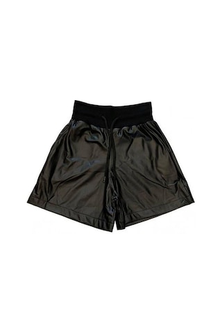 Kız Çocuk Beli Lastikli Deri Şort-15036 Siyah